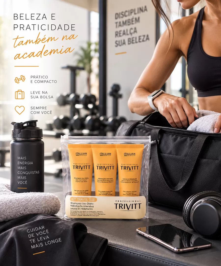 Kit Trivitt Travel Size ao lado da bolsa de academia, garrafa e toalha