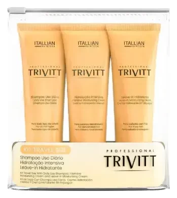 Kit Home Care Travel Size Trivitt: shampoo, hidratação intensiva e leave-in em nécessaire transparente